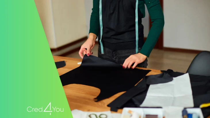 Pessoa cortando tecido sobre uma mesa de madeira, vestindo avental e fita métrica no pescoço, simbolizando trabalho manual e oportunidades de renda extra na costura.