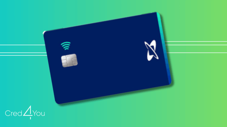 Cartão de crédito Credicard com chip, símbolo de aproximação, logo Mastercard e fundo azul escuro, sobre plano de fundo verde com logo Cred4You.