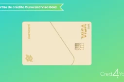 Imagem do cartão Ourocard Visa Gold em fundo degradê verde e azul. O cartão é dourado, com chip visível e logotipos do Banco do Brasil, Ourocard e Visa Gold. No canto inferior direito, aparece o logotipo da Cred4You.