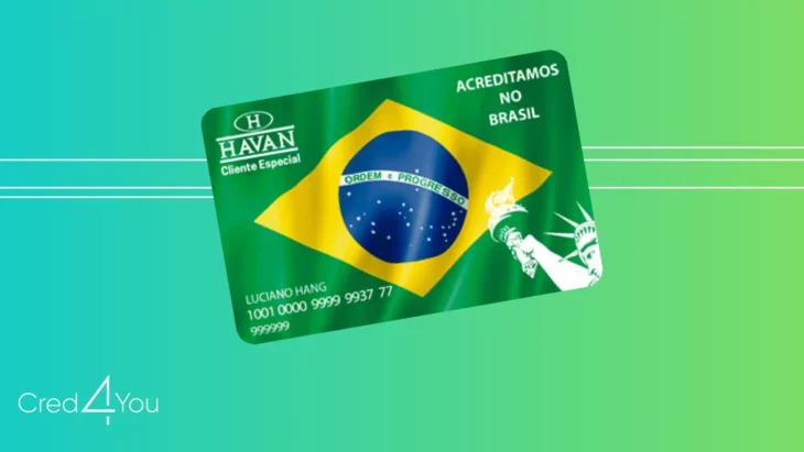 Cartão de crédito Havan, com bandeira do Brasil, frase “Acreditamos no Brasil” e símbolo da Estátua da Liberdade.