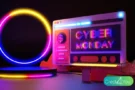Imagem colorida com letreiro neon escrito Cyber Monday em uma tela digital, com elementos de compras como carrinho e sacolas ao lado.