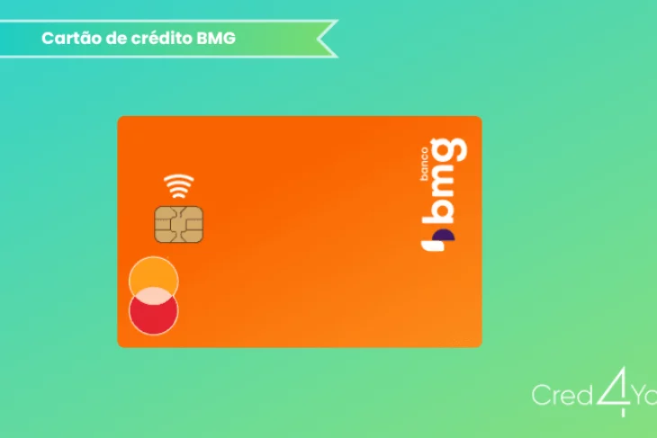 Cartão BMG laranja em destaque sobre fundo esverdeado com nuvens suaves. O cartão apresenta chip, símbolo de pagamento por aproximação e logotipo do banco BMG. À esquerda, aparece o logotipo da Cred4You sobre um fundo verde degradê.