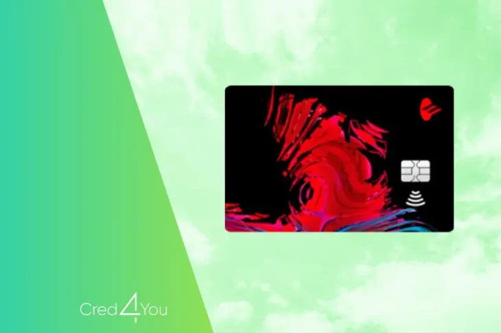 Cartão de crédito Santander Free com chip, pagamento por aproximação e design artístico em vermelho e azul sobre fundo verde com nuvens e logotipo Cred4You.