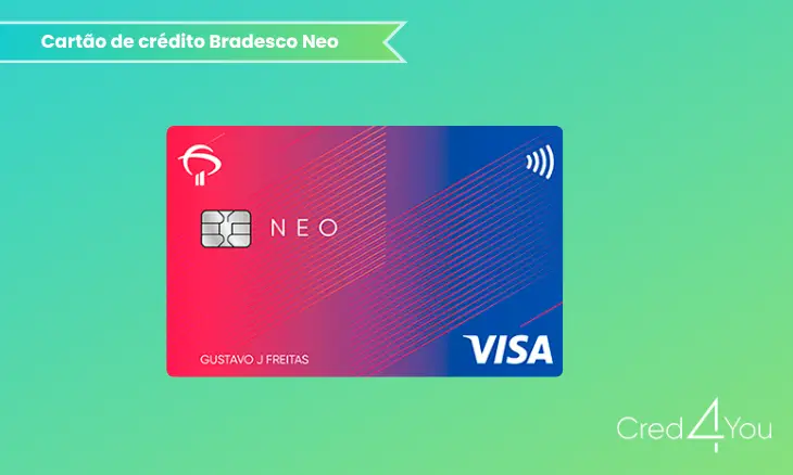 Cartão de crédito Bradesco Neo com design colorido e bandeira Visa sobre fundo em tons de verde claro com logotipo Cred4You.