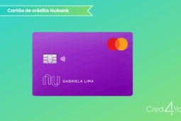 Cartão de crédito roxo Nubank com chip e bandeira Mastercard em fundo degradê verde-azulado.