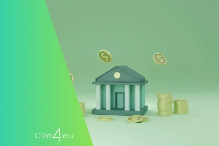 Ilustração de um banco estilizado com moedas douradas ao redor e no ar, simbolizando transações financeiras. A imagem representa o conceito de depósito bancário, com uma paleta em tons de verde e o logotipo “Cred4You” no canto inferior esquerdo.