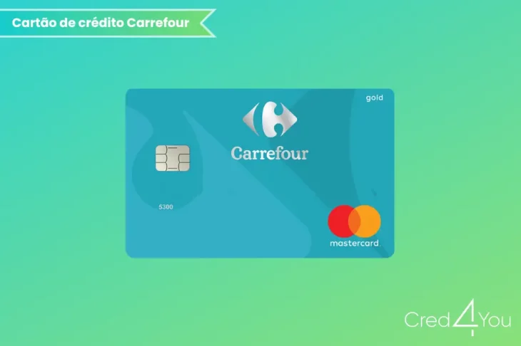 Imagem ilustrativa do cartão de crédito Carrefour na versão Mastercard Gold, com fundo azul e logomarca Carrefour centralizada.