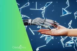 Mão robótica tocando uma mão humana sobre fundo azul com elementos gráficos, representando a interação entre humanos e a inteligência artificial.