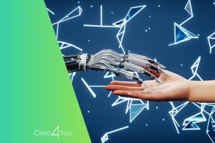 Mão robótica tocando uma mão humana sobre fundo azul com elementos gráficos, representando a interação entre humanos e a inteligência artificial.