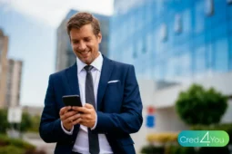 Homem de terno sorrindo enquanto usa o celular, simbolizando a praticidade da tokenização de ativos no ambiente financeiro digital.