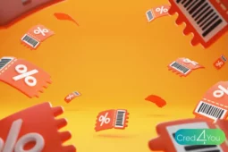 Ilustração de cupons flutuando com símbolo de porcentagem, representando desconto em passagem de ônibus