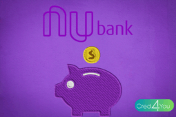 Ilustração em roxo do Nubank com cofrinho e moeda dourada, representando a Caixinha Nubank como forma de guardar e fazer o dinheiro render.