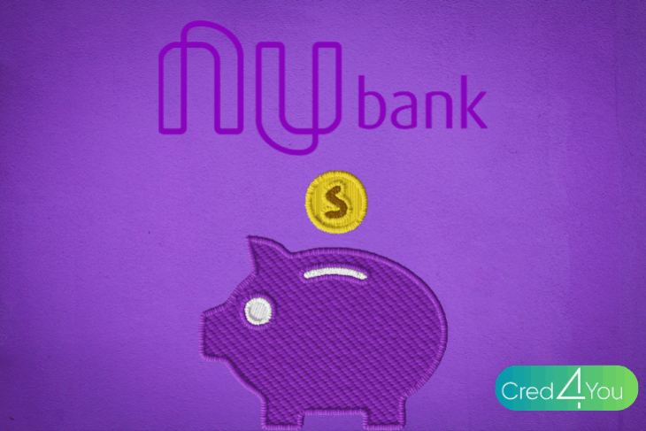 Ilustração em roxo do Nubank com cofrinho e moeda dourada, representando a Caixinha Nubank como forma de guardar e fazer o dinheiro render.