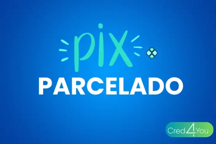 Logo em destaque com a expressão Pix parcelado em fundo azul, representando a modalidade de pagamento digital em parcelas.