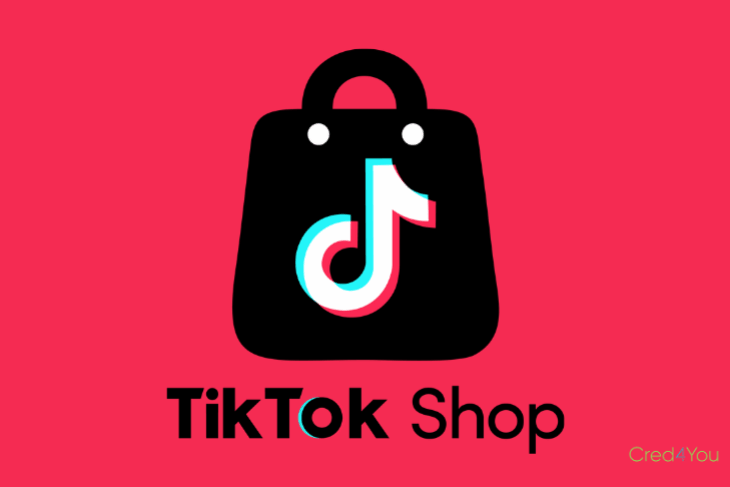 Logotipo da TikTok Shop em fundo rosa, com o ícone do TikTok dentro de uma sacola preta representando o comércio eletrônico da plataforma.