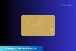 Bank Norwegian Kreditkarte in Gold mit geometrischem Elchmotiv, Visa-Logo vertikal, vor schwarz-goldenem Farbverlauf.