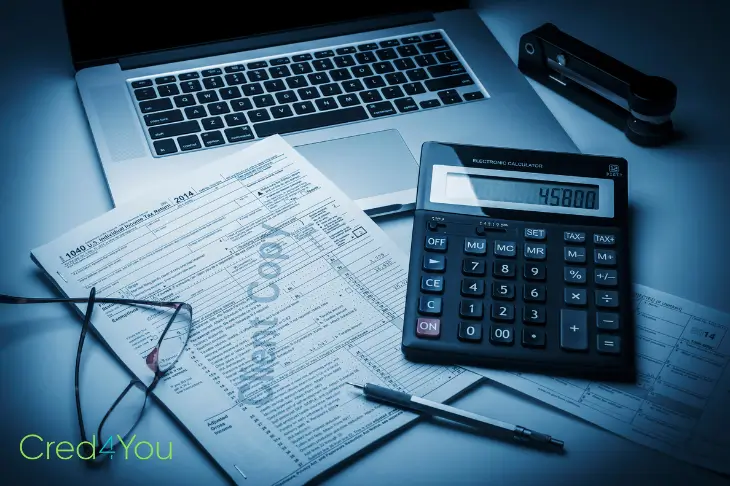 Steuerunterlagen, Taschenrechner und Laptop auf einem Schreibtisch – Symbol für Finanzplanung und Investition, um Steuern zu senken.