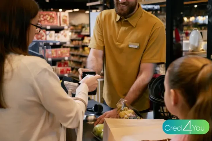 Cartão de loja sendo usado no caixa de um mercado, cliente pagando por aproximação enquanto o atendente registra a compra.