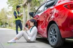 Frau sitzt am Boden neben einem beschädigten roten Auto nach einem Unfall, Bild zum Thema Unfallversicherung.